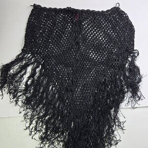 Say What? Black Crochet Poncho with Long Fringe Size One With Front Tie